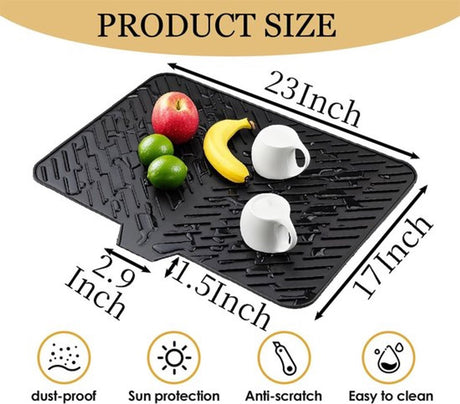 Silicone dish draining mat with integrated rim, heat-resistant, eco-friendly, waterproof, and non-slip. Ideal for dishes, bars, washing up, or any other use. Dimensions: 58 x 43 cm. Color: Black.