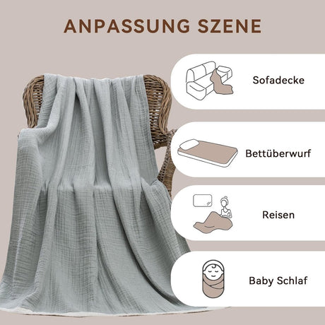 Blanket - Cozy blanket - Soft blanket - Soft and cuddly muslin bedspread - Cotton blanket - Living room blanket - Suitable for all seasons - As a sofa cover - Bedroom - 150x200cm