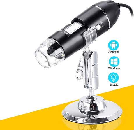 Microscope - Children's Microscope - USB Type-C Digital Microscope - 3 in 1, 50X-1600X Magnification - Adapter and Endoscope with Stand - Black