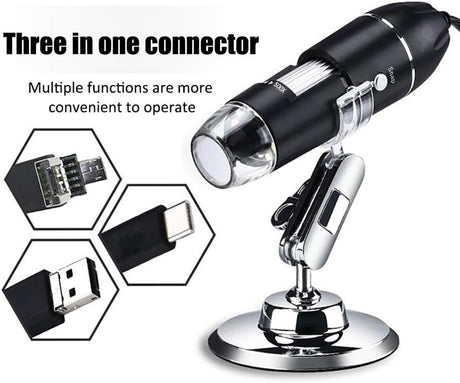 Microscope - Children's Microscope - USB Type-C Digital Microscope - 3 in 1, 50X-1600X Magnification - Adapter and Endoscope with Stand - Black