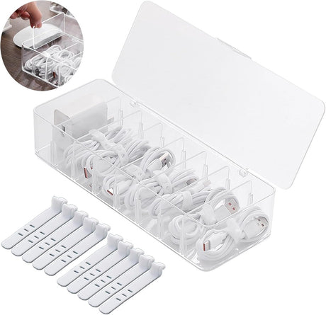 Cable storage box - Cable organizer with 10 cable ties - Cable storage box - Clear plastic storage box for office, workbench, living room, bedroom (large size with lid)