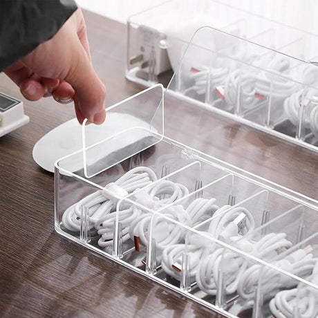Cable storage box - Cable organizer with 10 cable ties - Cable storage box - Clear plastic storage box for office, workbench, living room, bedroom (large size with lid)