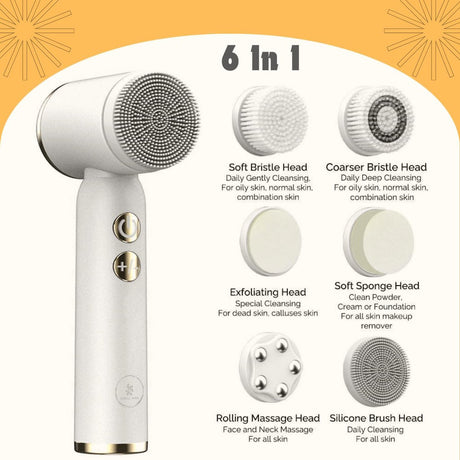 Facial Cleansing Brush - Sonic Roller - Spin - Electric Facial Cleanser - Facial Care - Keratin - Electric - Portable - Waterproof - 6 Interchangeable Brush Heads - Suitable for Women's and Men's Skin - 6 in 1 - White