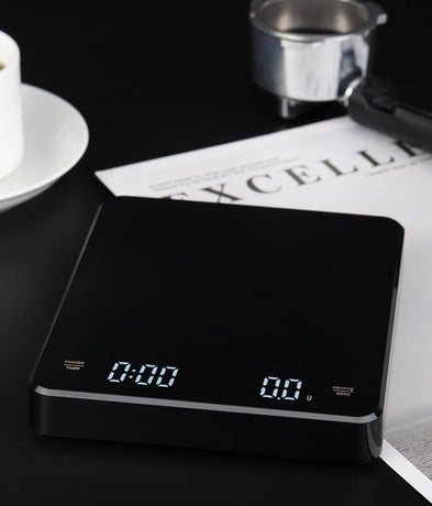 Precision Scale - Barista Scale - Coffee Scale with Timer - Small 3 kg / 0 g Coffee Scale with Gravity Sensor - Rechargeable Kitchen Scale - Barista Essential - High Precision - Black