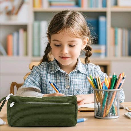 Corduroy pencil case - Pretty pencil case with a practical zipper - Makeup bag - Suitable for school-aged teenagers, boys and girls