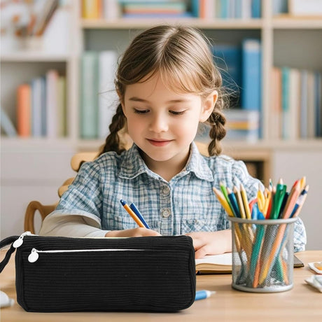 Corduroy Pencil Case - Cute pencil case with a convenient zipper - Makeup bag - Suitable for school-aged teenagers, boys and girls - black