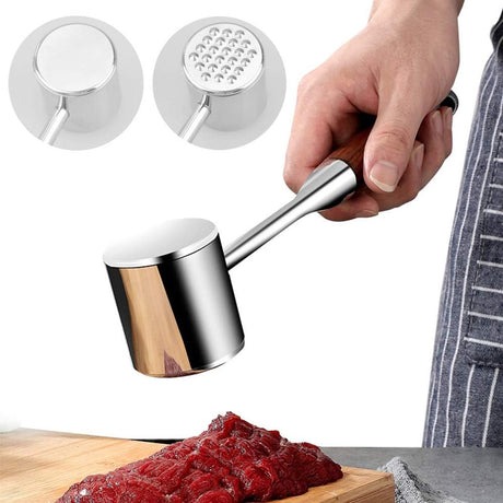 Professional Meat Tenderizer - Meat Mallet - Double-Sided Stainless Steel Meat Tenderizer - Steak Mallet with Non-Slip Wooden Handle - Dishwasher Safe Kitchen Utensil
