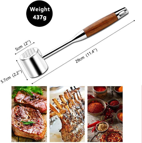 Professional Meat Tenderizer - Meat Mallet - Double-Sided Stainless Steel Meat Tenderizer - Steak Mallet with Non-Slip Wooden Handle - Dishwasher Safe Kitchen Utensil