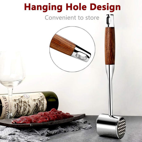 Professional Meat Tenderizer - Meat Mallet - Double-Sided Stainless Steel Meat Tenderizer - Steak Mallet with Non-Slip Wooden Handle - Dishwasher Safe Kitchen Utensil
