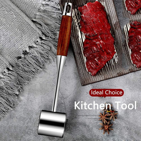 Professional Meat Tenderizer - Meat Mallet - Double-Sided Stainless Steel Meat Tenderizer - Steak Mallet with Non-Slip Wooden Handle - Dishwasher Safe Kitchen Utensil