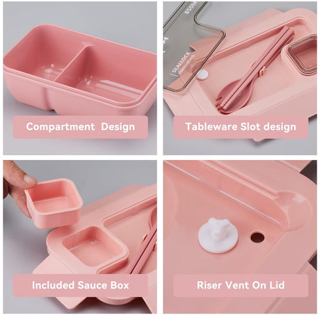 Bento Box - Bento Set with Cutlery - Lunch Bag - Lunch Box - Leakproof Food Container with Compartments - Lunch Box for Kids, School, Office, Picnic - Pink