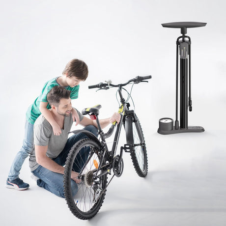 Bicycle pump - Bicycle pump with pressure gauge - Double valve head - Schrader and French valves - Foot pump - Practical for baby on the go or for travel - Black