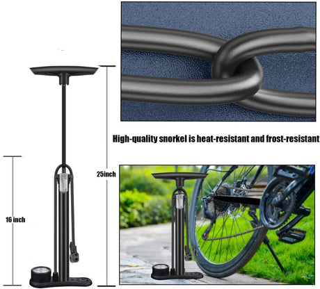 Bicycle pump - Bicycle pump with pressure gauge - Double valve head - Schrader and French valves - Foot pump - Practical for baby on the go or for travel - Black