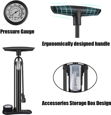 Bicycle pump - Bicycle pump with pressure gauge - Double valve head - Schrader and French valves - Foot pump - Practical for baby on the go or for travel - Black