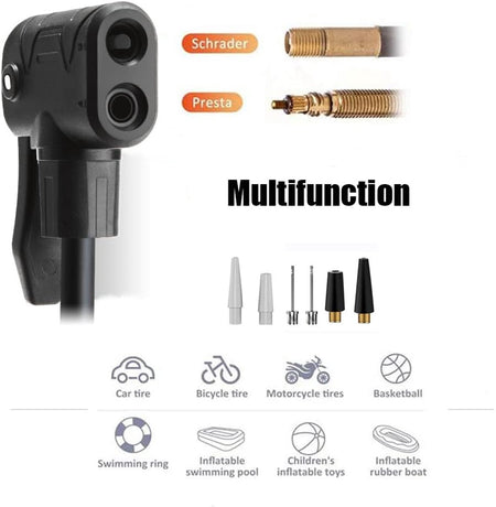 Bicycle pump - Bicycle pump with pressure gauge - Double valve head - Schrader and French valves - Foot pump - Practical for baby on the go or for travel - Black