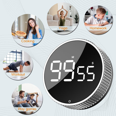 Digital Timer - Digital Kitchen Timer - Smart Timer - LED Display - Magnetic - 360 Degree Rotation - BBQ Alarm Clock - Black