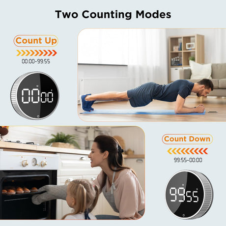 Digital Timer - Digital Kitchen Timer - Smart Timer - LED Display - Magnetic - 360 Degree Rotation - BBQ Alarm Clock - Black