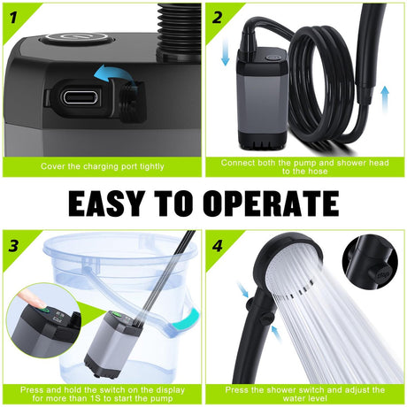 Portable Camping Shower - 6000mAh Rechargeable Shower Pump - With Smart LED Display - 4 Spray Modes - IPX7 Waterproof Outdoor Shower - For Hiking, Travel, Car, Pets - Gray