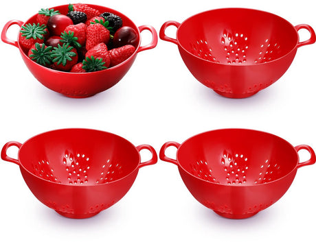 4-Piece Vegetable Basket - Drainer - Kitchen Colander - Plastic Berry Strainer - Colander Basket - with Double Handles - Small Colander - for Fruits, Vegetables and Food - Kitchen Accessories - Red - 19 x 14.8 x 7.5 cm