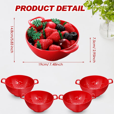 4-Piece Vegetable Basket - Drainer - Kitchen Colander - Plastic Berry Strainer - Colander Basket - with Double Handles - Small Colander - for Fruits, Vegetables and Food - Kitchen Accessories - Red - 19 x 14.8 x 7.5 cm