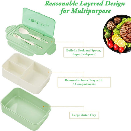 Lunch box, bento box, 3-compartment lunch box with cutlery, leakproof lunch box, freezer safe, dishwasher safe, microwave safe, lunch box for school, work, picnics and travel (green)