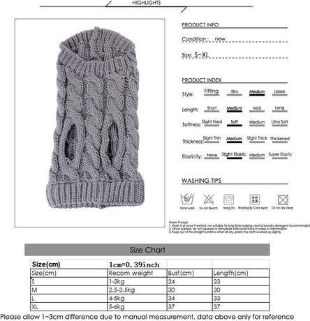 Dog Coat - Dog Vest - Warm Dog Coat - Winter Dog Sweater - Soft Knitted Wool Dog Clothes - Crochet Coat - Perfect for Small and Medium Dogs - Size L - Grijs