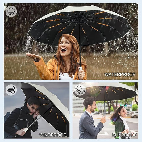 Folding umbrella, safety umbrella, windproof, pocket umbrella, automatic open and close, 105 cm, golf umbrella, 12 reinforced fiberglass ribs, 210T nylon umbrella, travel umbrella with UV protection