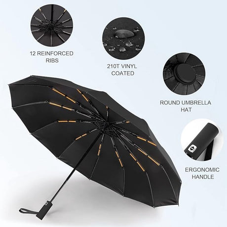 Folding umbrella, safety umbrella, windproof, pocket umbrella, automatic open and close, 105 cm, golf umbrella, 12 reinforced fiberglass ribs, 210T nylon umbrella, travel umbrella with UV protection