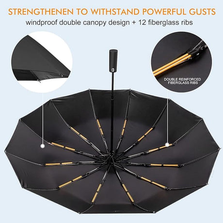 Folding umbrella, safety umbrella, windproof, pocket umbrella, automatic open and close, 105 cm, golf umbrella, 12 reinforced fiberglass ribs, 210T nylon umbrella, travel umbrella with UV protection