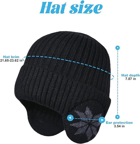 Beanie - Women's Beanie - Men's Beanie - Black Men's Beanie - Thick and Warm Knit Beanie - Unisex - Thermal Lining - With Ear Flaps - Ideal for Outdoor Activities - Camping - Sports - Gift Idea - Black