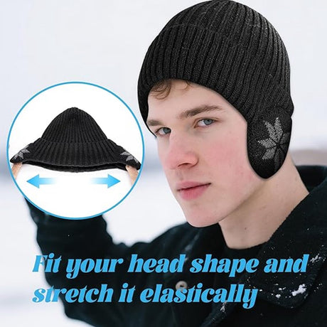 Beanie - Women's Beanie - Men's Beanie - Black Men's Beanie - Thick and Warm Knit Beanie - Unisex - Thermal Lining - With Ear Flaps - Ideal for Outdoor Activities - Camping - Sports - Gift Idea - Black