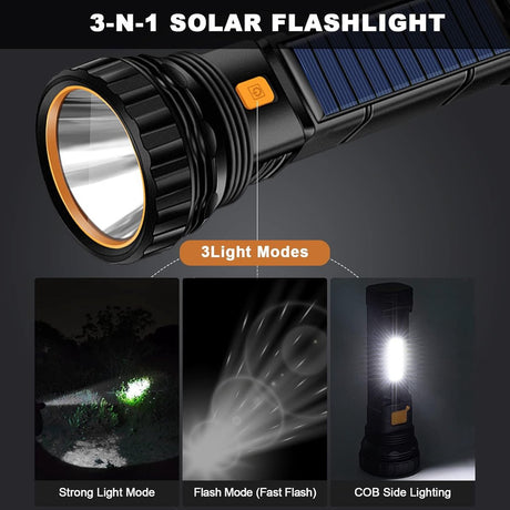 Solar Flashlight - Solar LED Flashlight - USB Rechargeable Solar Flashlight - Emergency Flashlight - 1200 mAh LED Flashlight with 3 Modes - Waterproof LED Flashlight Ideal for Outdoor Fishing Emergencies