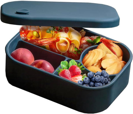 Silicone Lunch Box – For children and adults – Four-compartment lunch box – Leakproof lunch box – For school, picnics and parks (Blue)