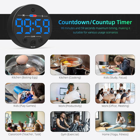 Digital Timer - Digital Kitchen Timer - Smart Timer - LED Display - Magnetic - Addition/Subtraction - Learn to Tell Time - Analog Kitchen Timer - Black