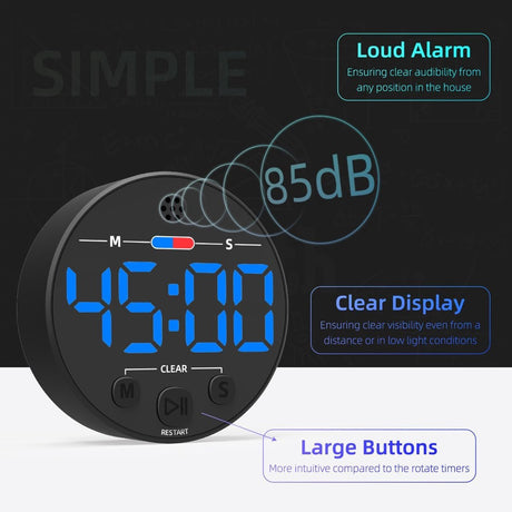 Digital Timer - Digital Kitchen Timer - Smart Timer - LED Display - Magnetic - Addition/Subtraction - Learn to Tell Time - Analog Kitchen Timer - Black