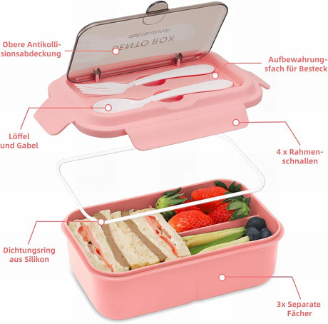 Lunch boxes - lunch box - adult lunch box - child's lunch box - Kinder lunch box - 3-compartment leakproof lunch box - bento box with cutlery - 1200 ml - snack box for children and boys - pink