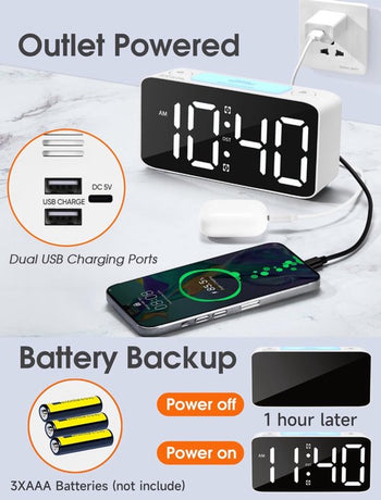 Digital nightlight - Klok Extra powerful - 7 colors - Ideal for heavy sleepers - Adjustable volume and USB charging - Place on the bedside table - Wit