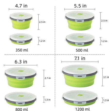 4-Piece Food Storage Container Set - Lunch Box - Collapsible Food Container - Round Silicone Lunch Box - For Camping Kitchens - BPA-Free - Green
