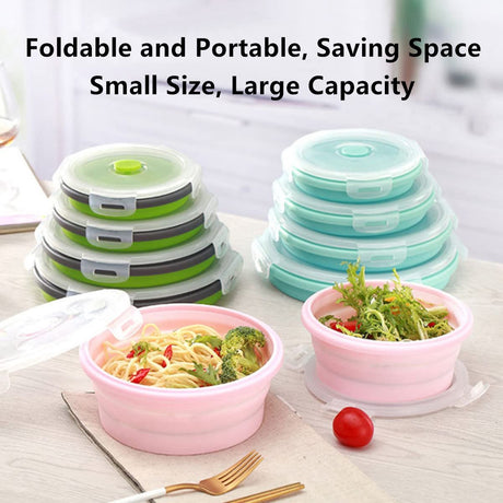 4-Piece Food Storage Container Set - Lunch Box - Collapsible Food Container - Round Silicone Lunch Box - For Camping Kitchens - BPA-Free - Green