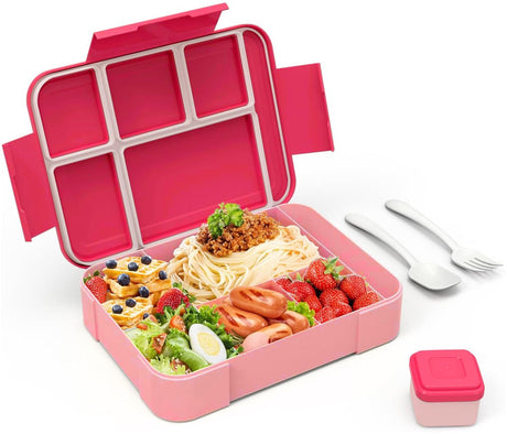 Lunch Box - Bento Box - Lunch Box - Adult Lunch Box - Children's Lunch Box - With 5 Compartments - Durable - Microwave/Dishwasher Safe - Ideal for Meals at Restaurants, Work, School - Pink
