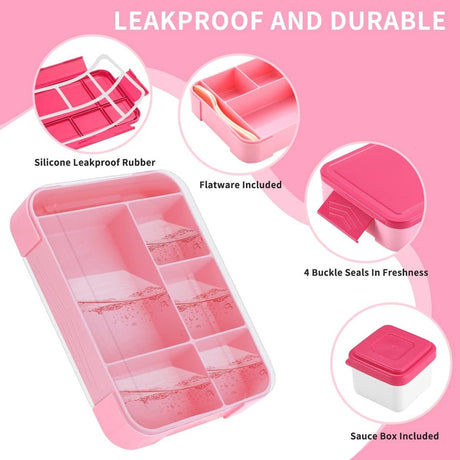 Lunch Box - Bento Box - Lunch Box - Adult Lunch Box - Children's Lunch Box - With 5 Compartments - Durable - Microwave/Dishwasher Safe - Ideal for Meals at Restaurants, Work, School - Pink