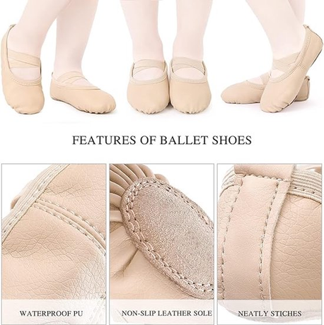 Women's Ballet Shoes – Ballet Shoes for Girls – Beige – Soft PU Leather Dance Shoes with Non-Slip Sole – Suitable for Ballet, Yoga & Home Use – For 9 UK Child