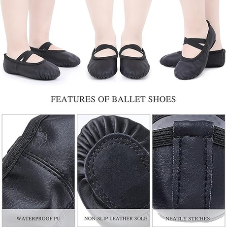 Women's Ballet Shoes – Ballet Shoes for Girls – Black – Soft PU Leather Dance Shoes with Non-Slip Sole – Suitable for Ballet, Yoga & Home Use – For 2 UK