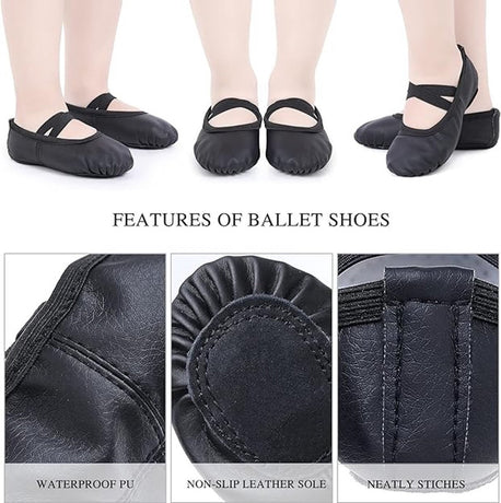Women's Ballet Shoes – Ballet Shoes for Girls – Black – Soft PU Leather Dance Shoes with Non-Slip Sole – Suitable for Ballet, Yoga & Home Use – For 2.5 UK