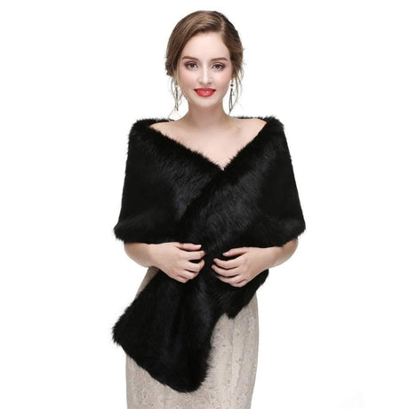 Black Faux Fur Scarf Shawl for Women, Warm Long Large Bridal Shoulder Warmer for Party Wedding Evening Dress Winter Use