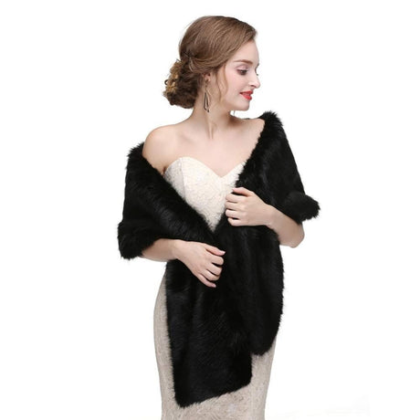 Black Faux Fur Scarf Shawl for Women, Warm Long Large Bridal Shoulder Warmer for Party Wedding Evening Dress Winter Use