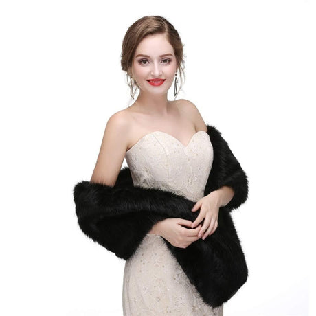 Black Faux Fur Scarf Shawl for Women, Warm Long Large Bridal Shoulder Warmer for Party Wedding Evening Dress Winter Use