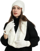 4-Piece Knitted Hat Scarf Gloves Socks Set for Women, White, with Pompom and Touch Gloves