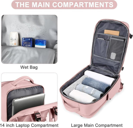 40L Travel Backpack Cabin Bag, Dry Wet Sorting, with Luggage Strap, 42 x 30 x 20 cm, Beige