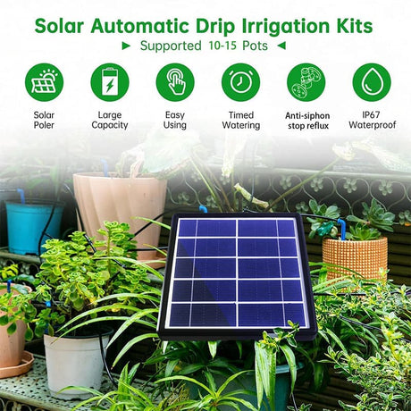 15m Solar Irrigation System with Timer, Automatic Drip Kit, Anti-Siphon, for Garden Greenhouse Vegetables
